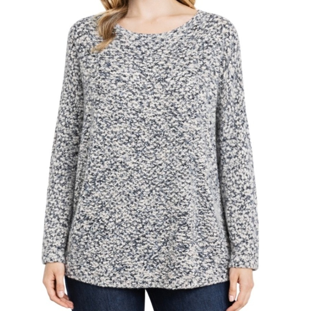 Lush Womens Eyelash Knit Marled Chunky Sweater Black White Scoop Neck Size Small